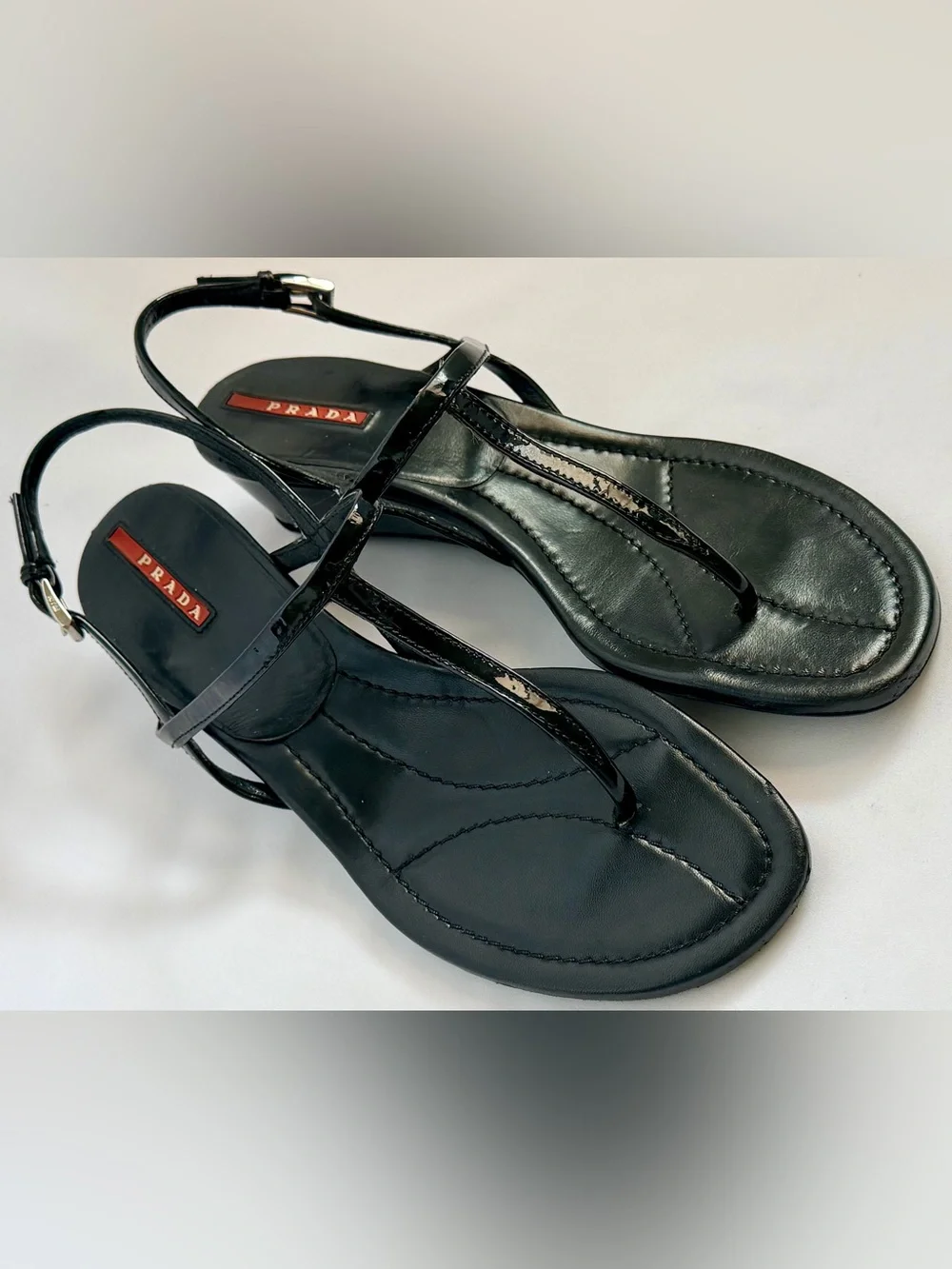 Prada Linea Rossa Vintage Y2K Black Patent Leather T-Strap Wedge Sandals 39 US 8
